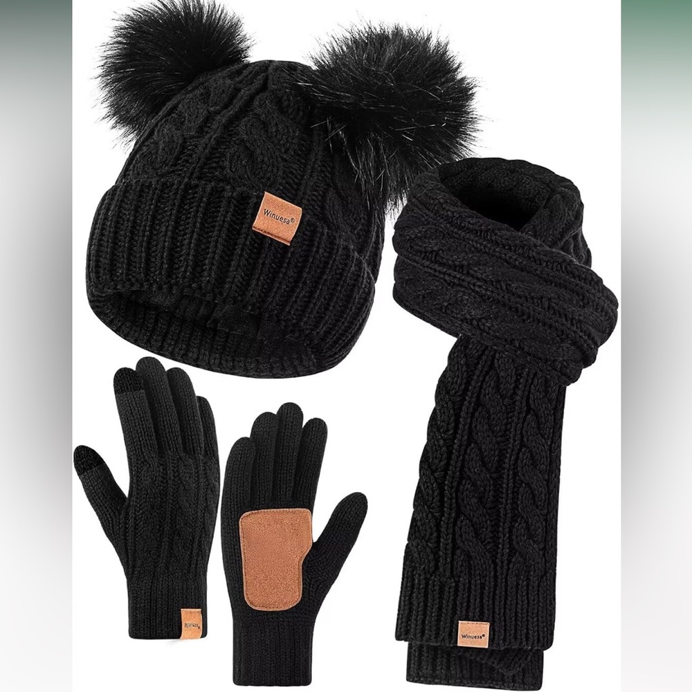 Black Knit Hat, Scarf, and Gloves Set